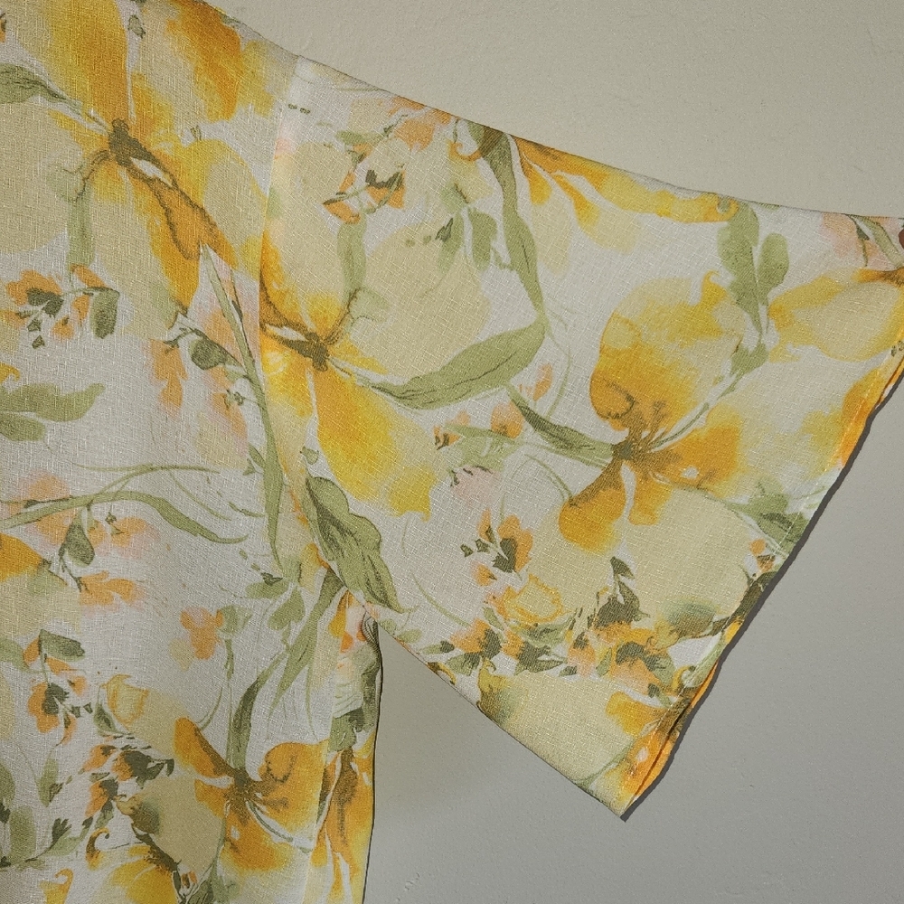 C By One, Floral Yellow and Green, Tie Front 3/4 Sleeve Blouse. SKU C05 - Picture 4 of 9